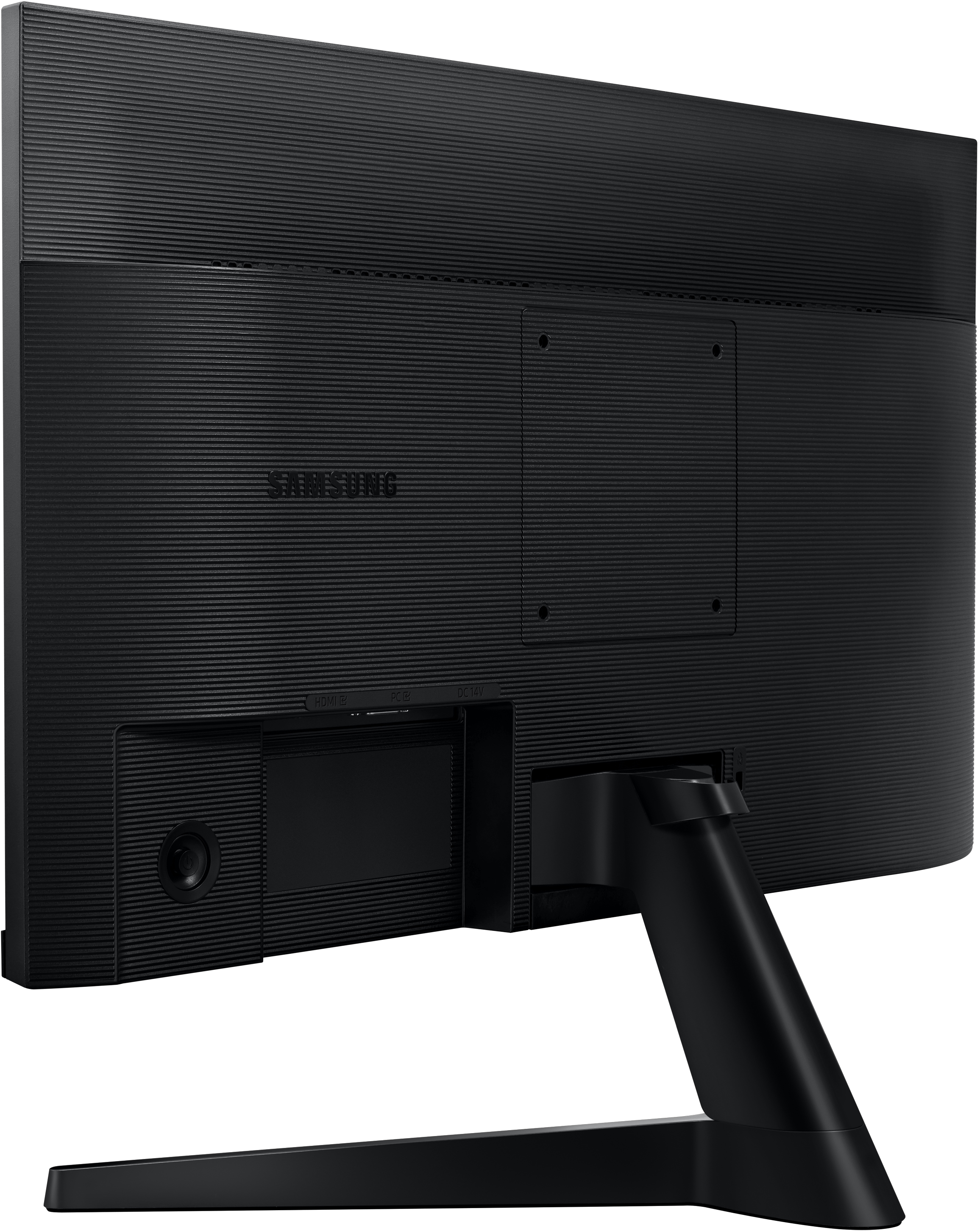 Rückseite eines schwarzen Computermonitors mit Samsung-Logo und Ständer.