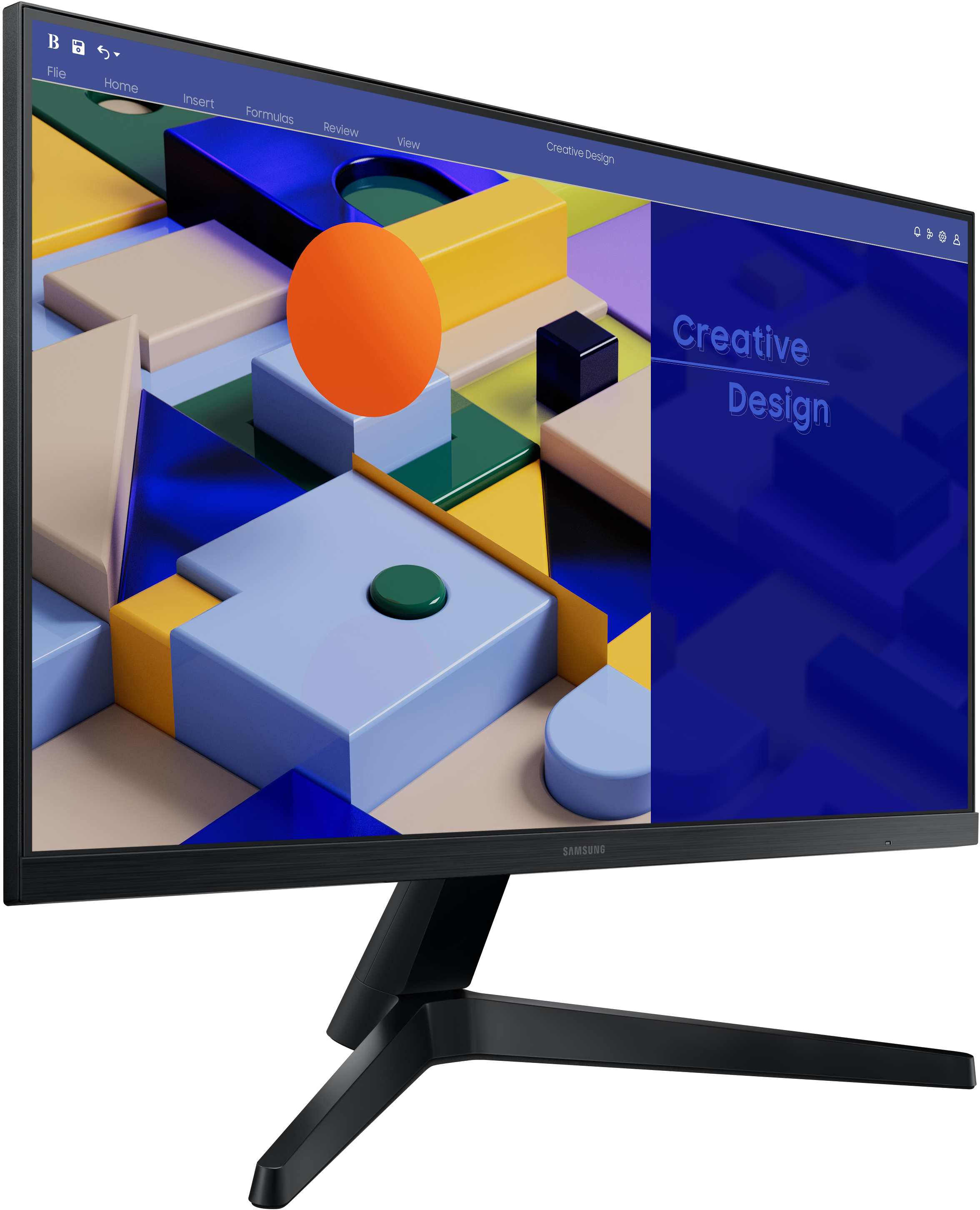 Schwarzer Computermonitor mit Ständer, der ein farbenfrohes Design auf dem Bildschirm zeigt.