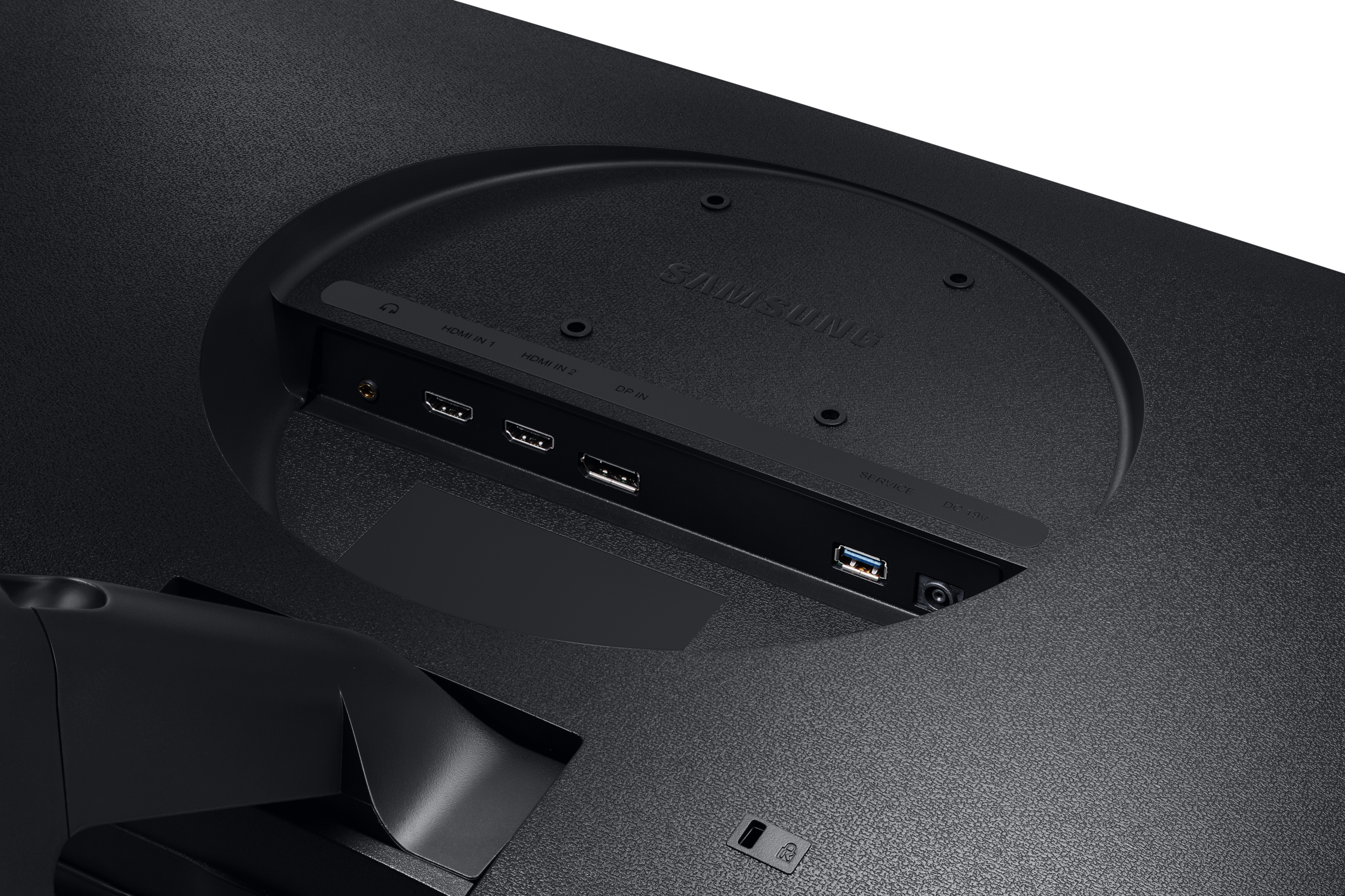 Nahaufnahme der Rückseite eines Monitors mit Anschlüssen: Kopfhörer, HDMI, DP-IN, USB und DC-IN.