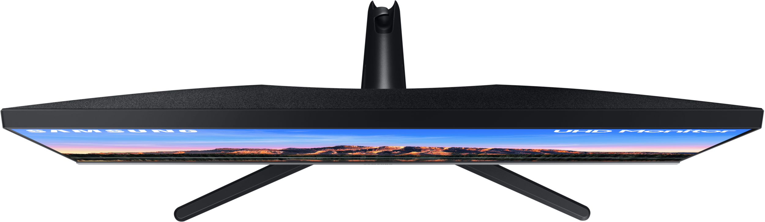 Draufsicht auf einen schwarzen Samsung UHD-Monitor auf weißem Hintergrund.