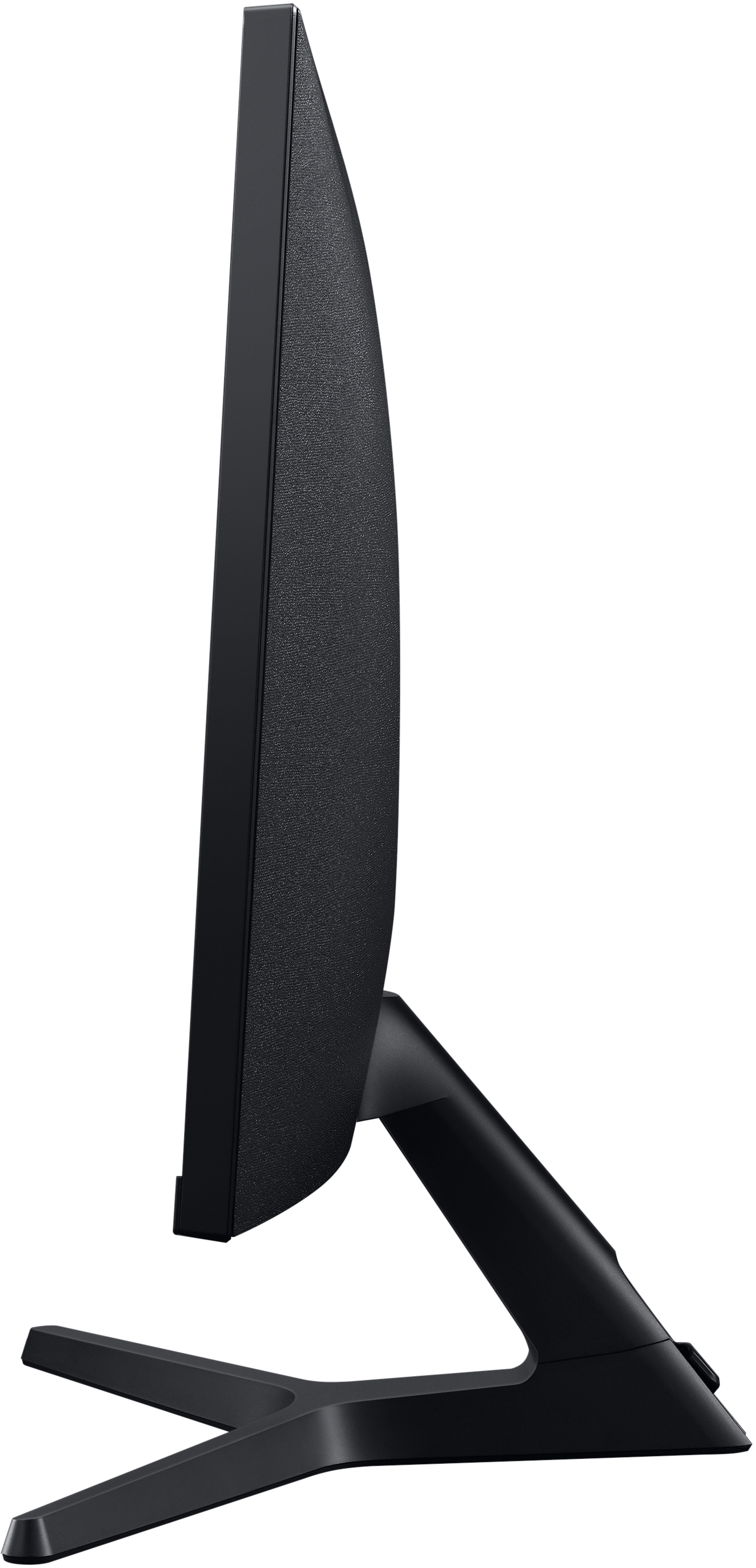 Ein schwarzer Computermonitor. Der Monitor ist dünn mit einem schwarzen Ständer. Der Bildschirm zeigt nichts an.