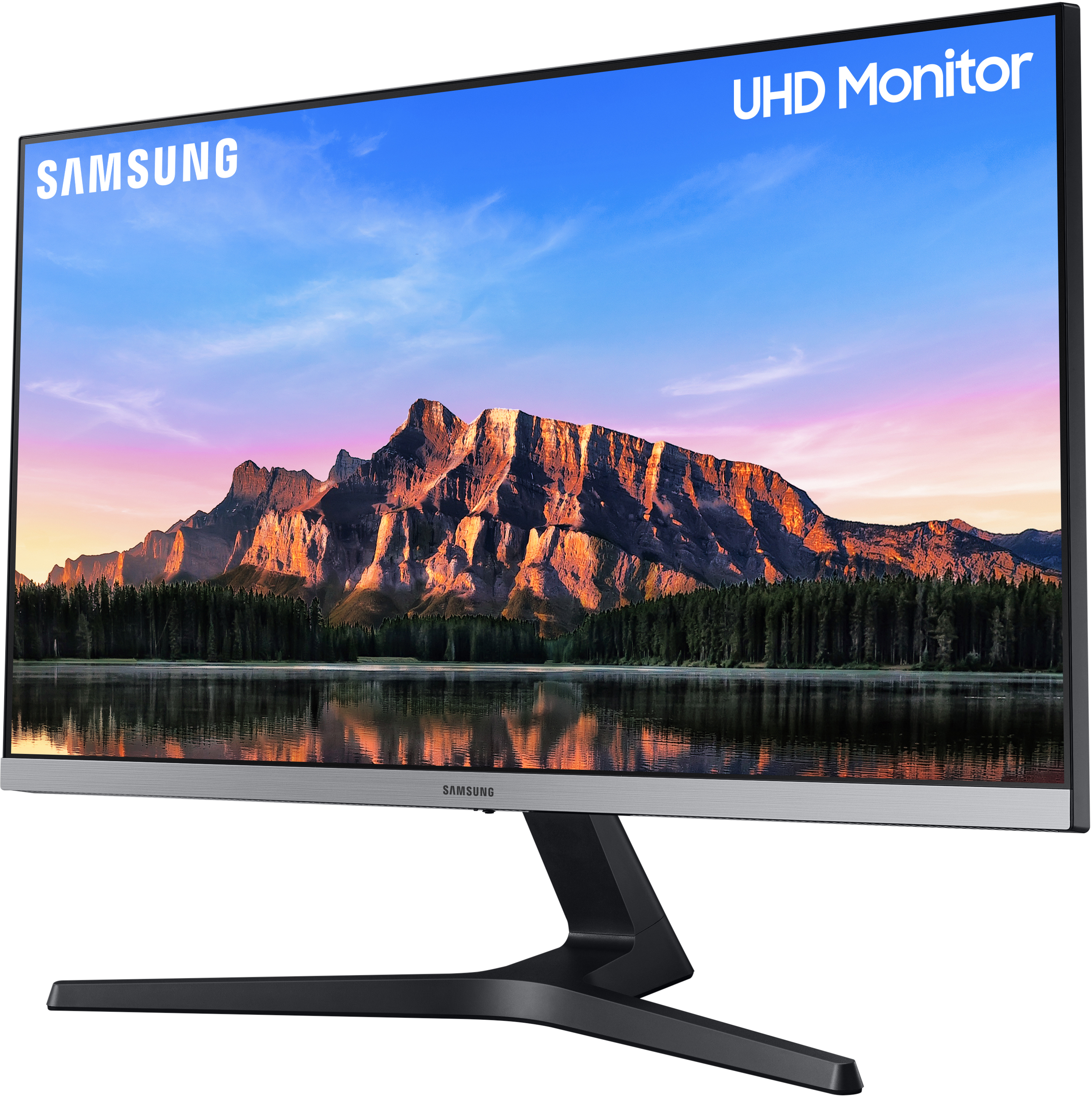 Ein schwarzer Samsung UHD-Monitor mit einer Berglandschaft und blauem Himmel.