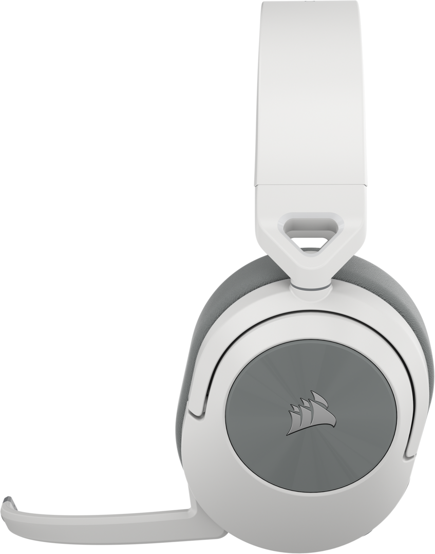Weißes und graues Corsair-Headset mit Mikrofon, isoliert auf Weiß.