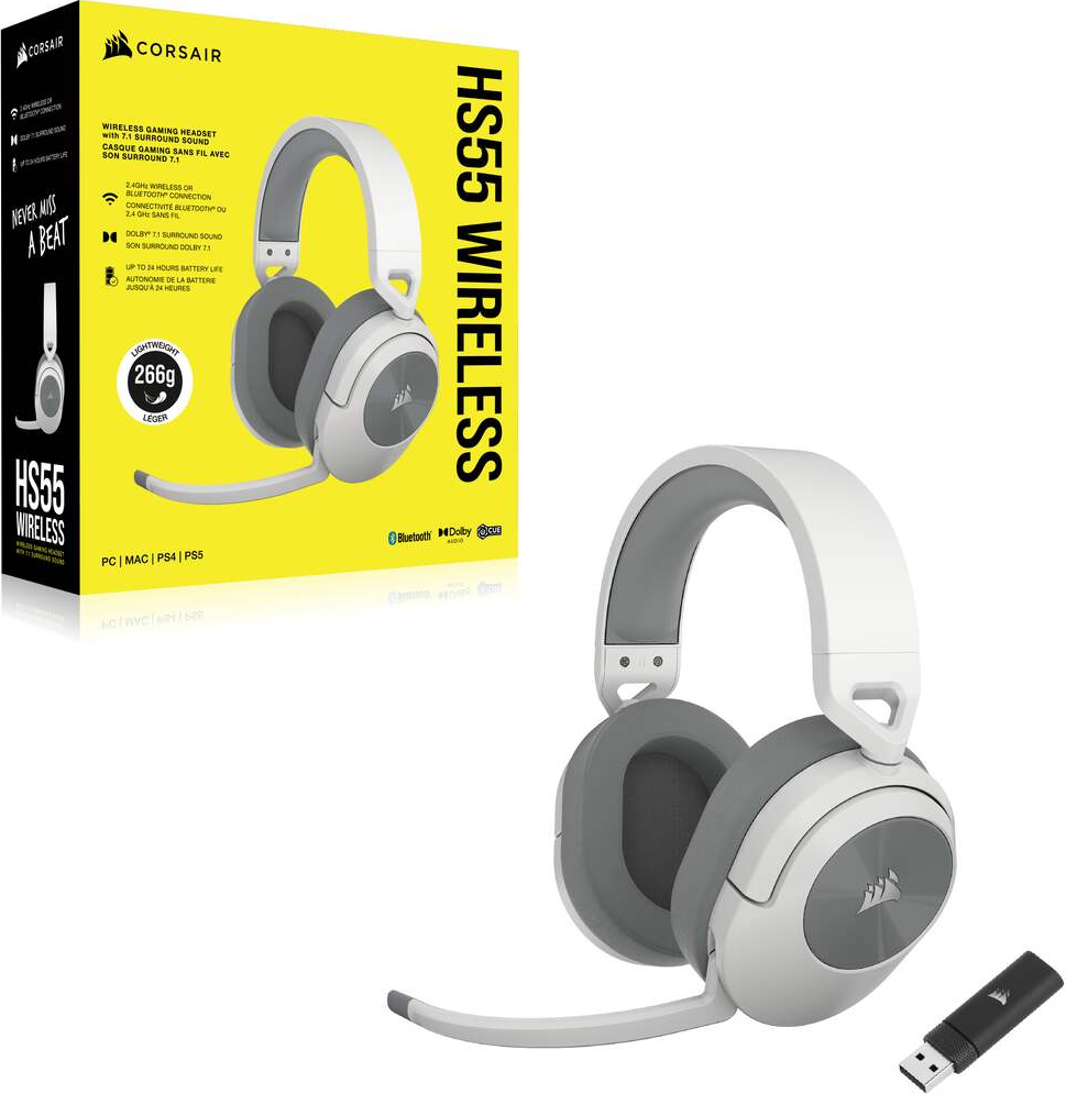 Corsair HS55 Wireless-Headset mit Box und Dongle. Das Headset ist weiß mit grauen Ohrmuscheln.