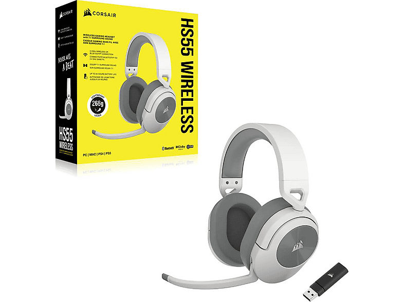 CORSAIR Gaming Headset HS55 Wireless, Over-Ear, 32 Ohm, 7.1 Surround, 50mm Treiber, 2.4GHz/Bluetooth, Weiß — Foto 4 von 5