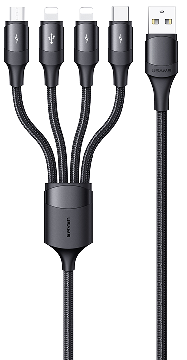 USAMS Textil borítású 4 az 1-ben USB töltőkábel, Type-C, Micro USB, Lightning, 1,2 m, fekete (SJ516USB01)