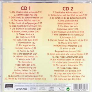 CD-Hülle mit Titeln, darunter "Alle Vöglein sind schon da" und "Das kleine Küken piept".