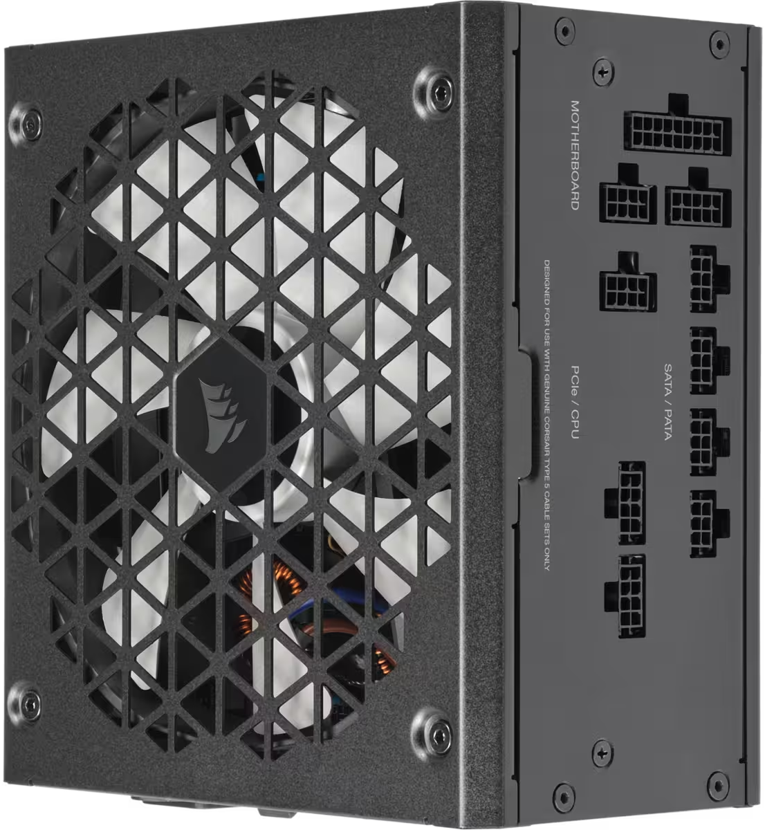 Schwarzes Computer-Netzteil mit Lüfter und Anschlüssen.