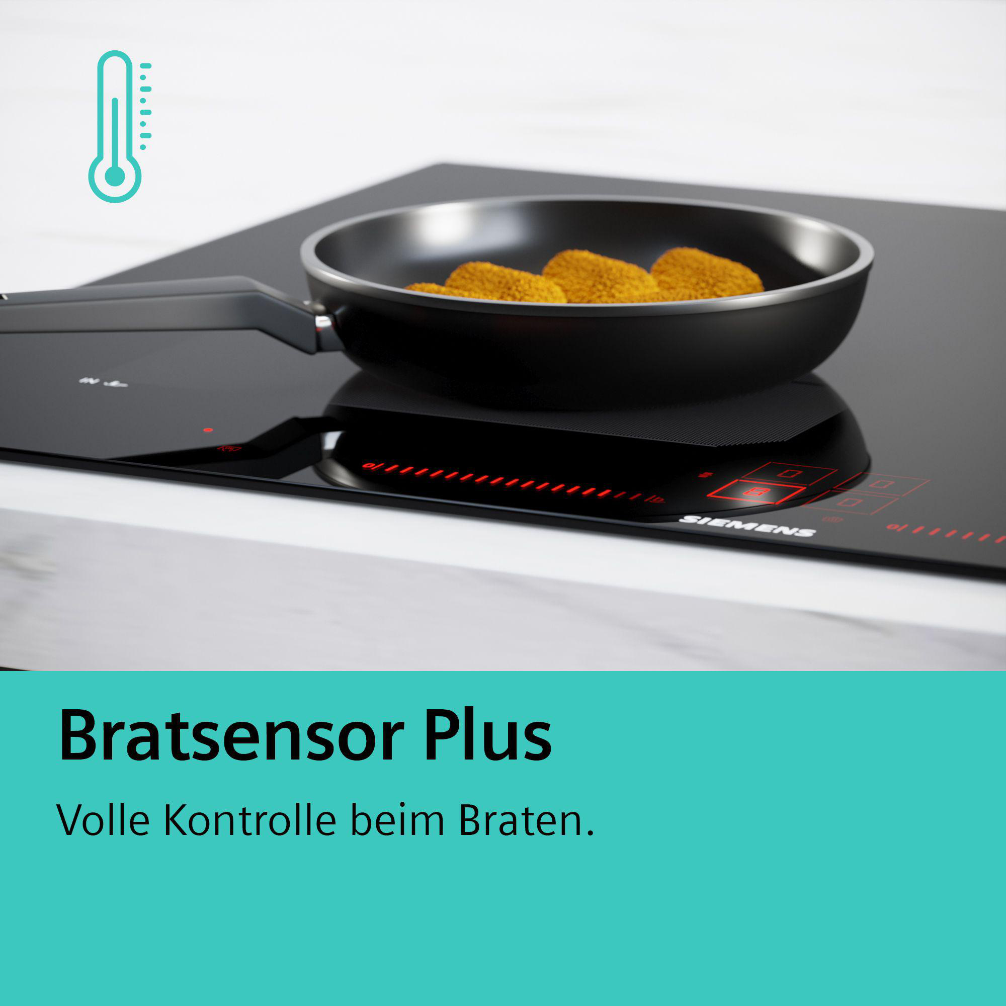 Schwarzes Induktionskochfeld mit Pfanne und Essen. Text sagt 'BratSensor Plus' und 'Volle Kontrolle'.