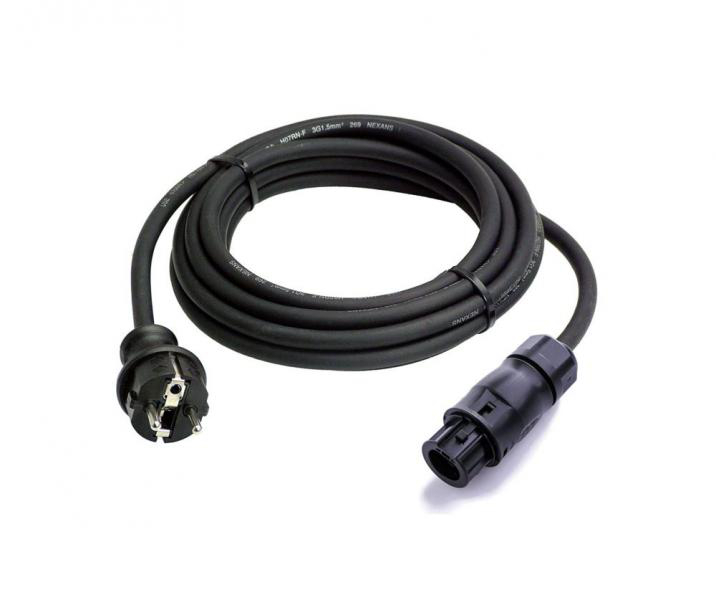 Ein schwarzes Netzkabel mit Eurostecker und Stecker auf weißem Hintergrund.