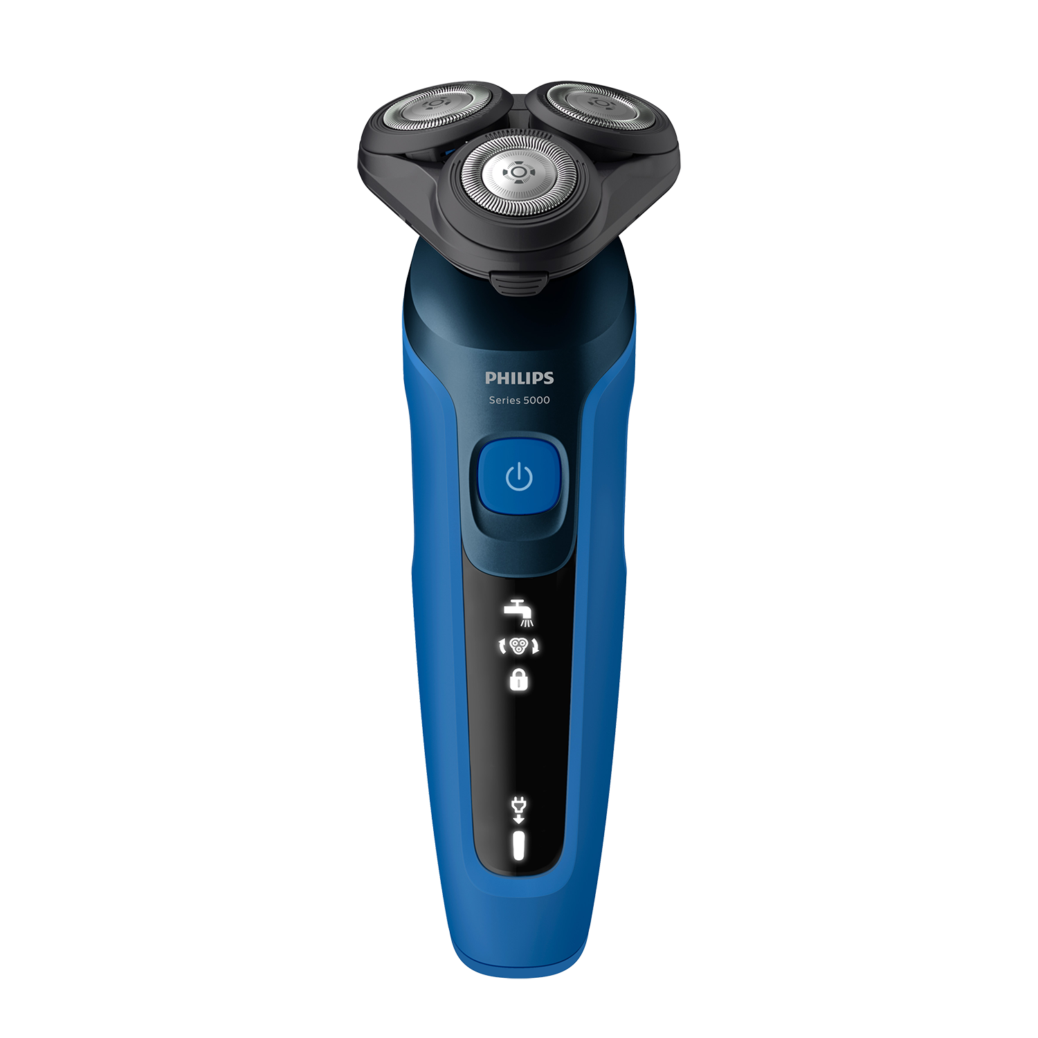 A blue Philips Series 5000 electric shaver on a black background.