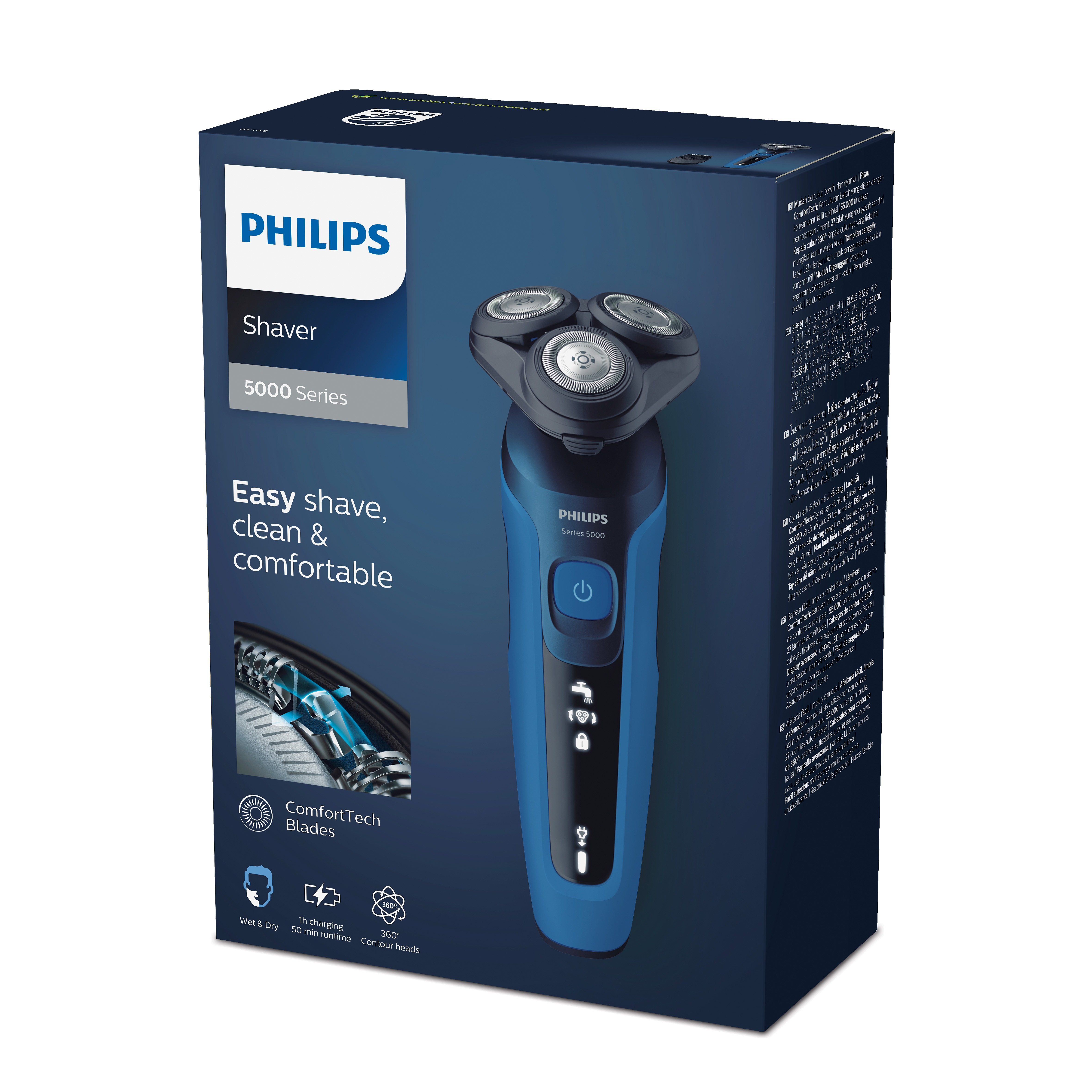 Box of a blue and black electric shaver with text and logo.