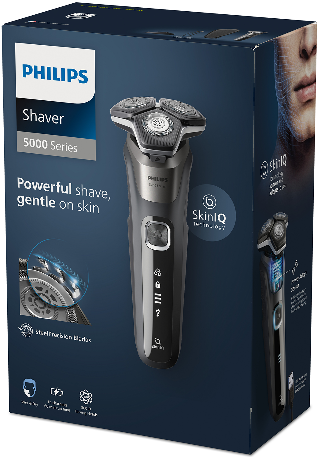 Philips scheerapparaat in de doos, met het scheerapparaat en zijn kenmerken. Zwart en blauw.