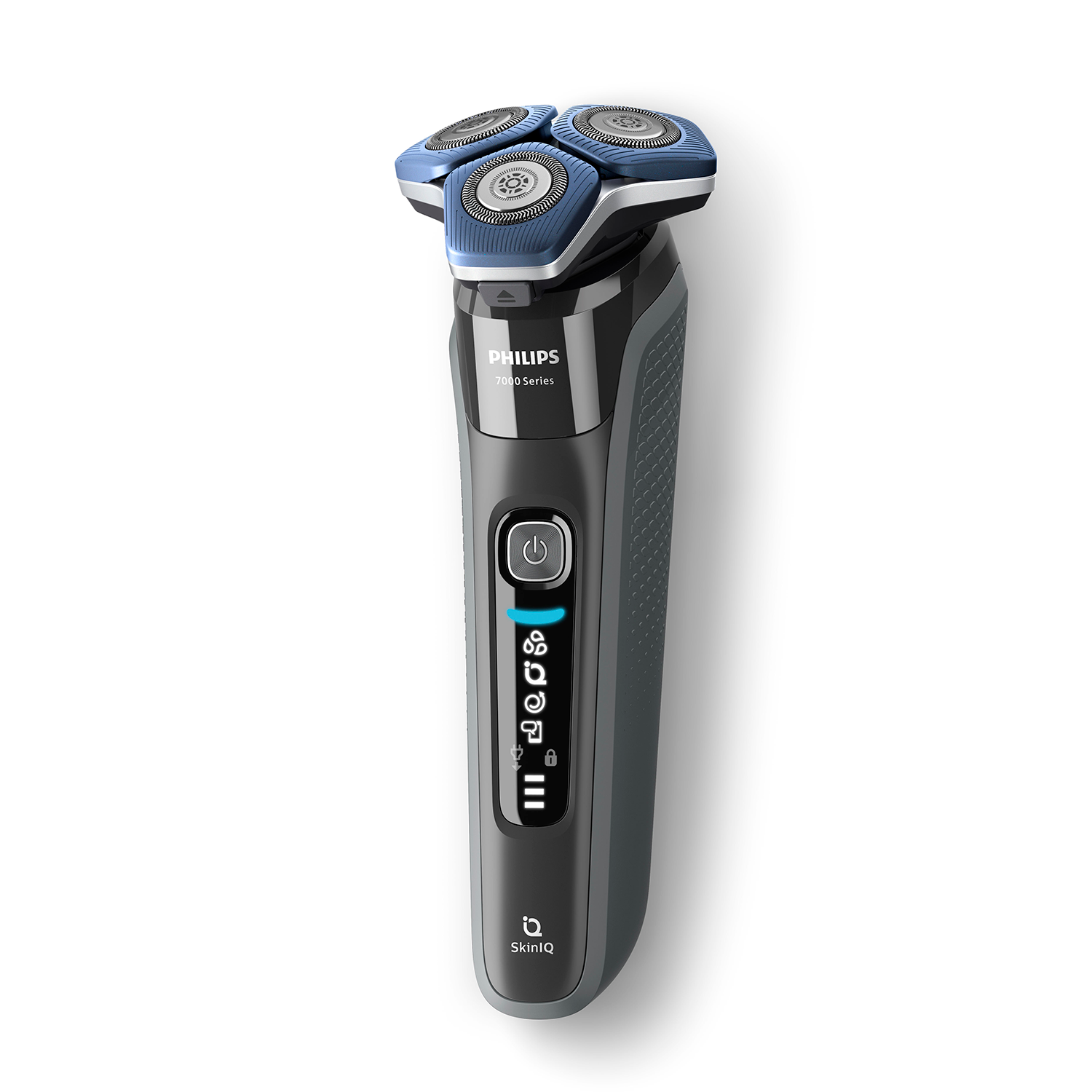 A Philips electric shaver on a white surface. It is gray and black with blue blades.