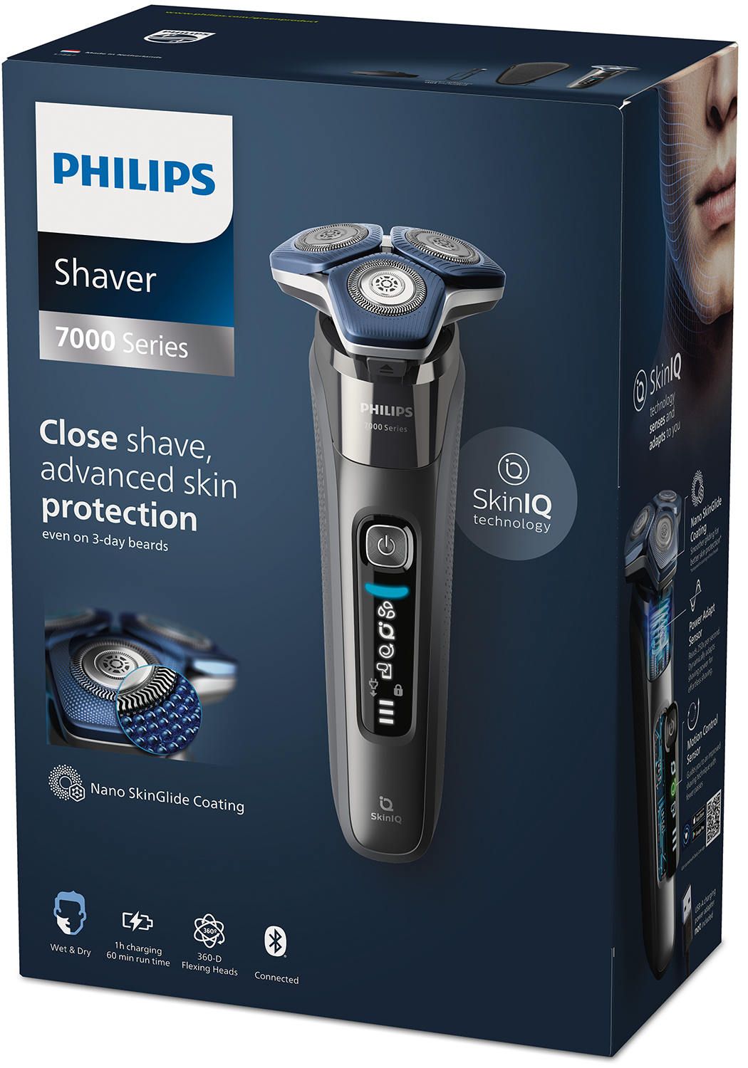 A Philips shaver box displays the shaver and its features, including close shave and skin protection.