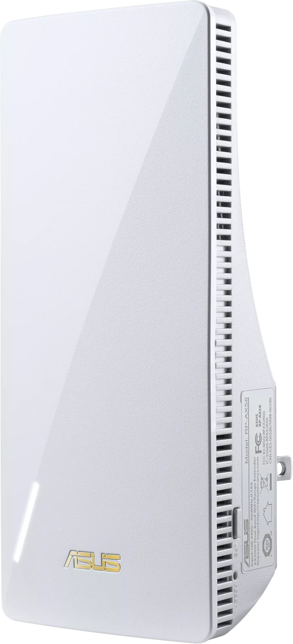 Fehér ASUS router. Fehér testtel, arany ASUS logóval. Az oldala szellőző.