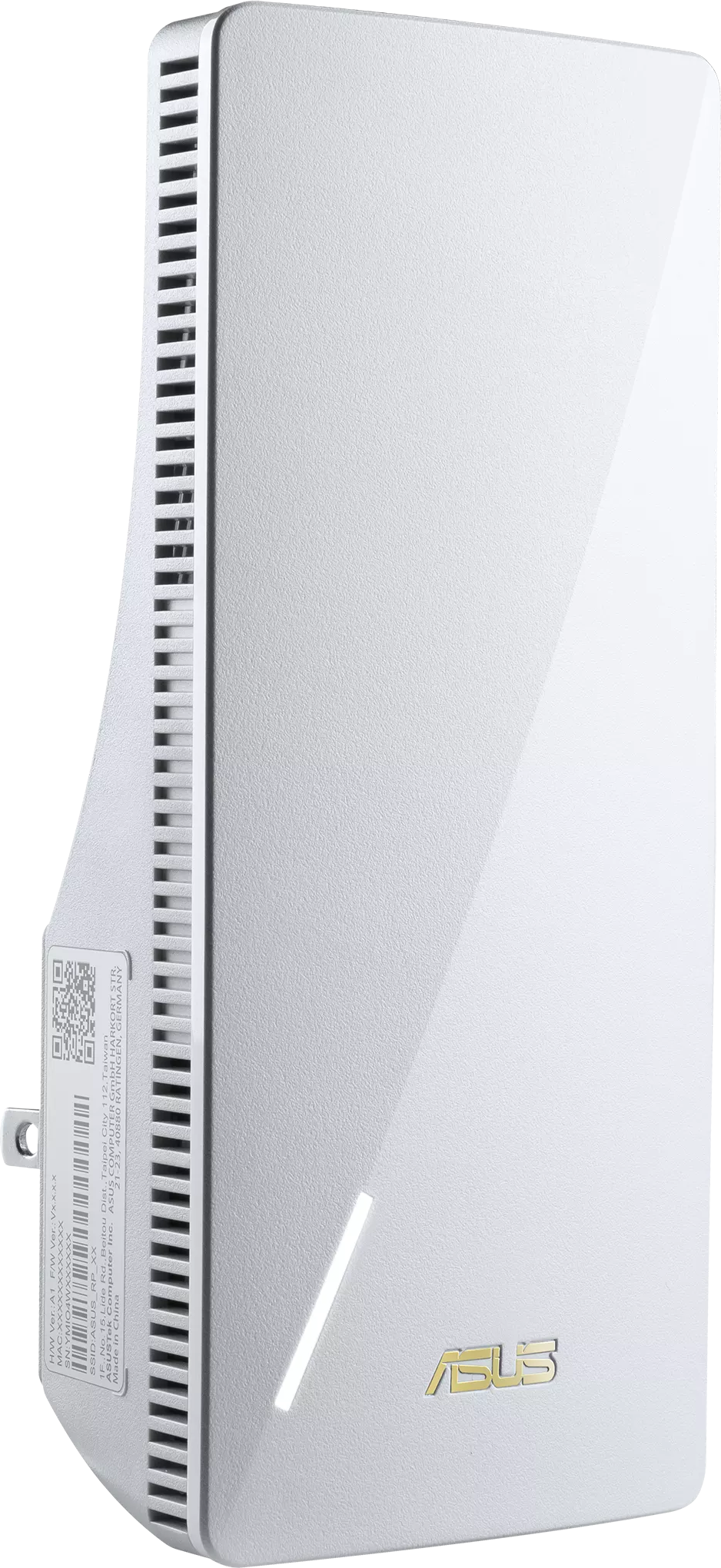 Fehér ASUS eszköz. Magas, oldalsó szellőzőnyílásokkal. Az ASUS logó arany.