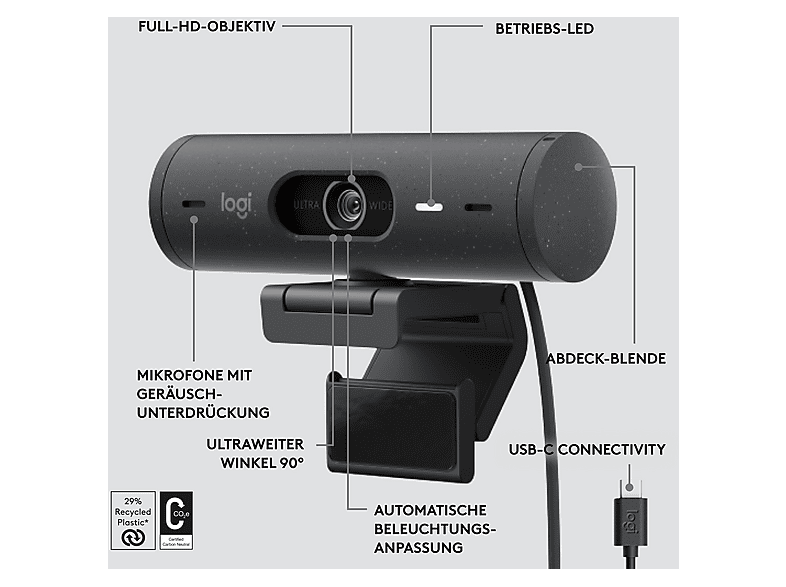 LOGITECH Brio 500 Full-HD-Webcam mit 1080p und Belichtungskorrektur, Auto-Framing und Show Mode, USB, Grafit — Foto 5 von 5