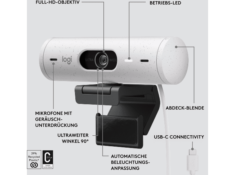 LOGITECH Brio 500 Full-HD-Webcam mit 1080p und Belichtungskorrektur, Auto-Framing und Show Mode, USB, Grauweiß — Foto 5 von 5