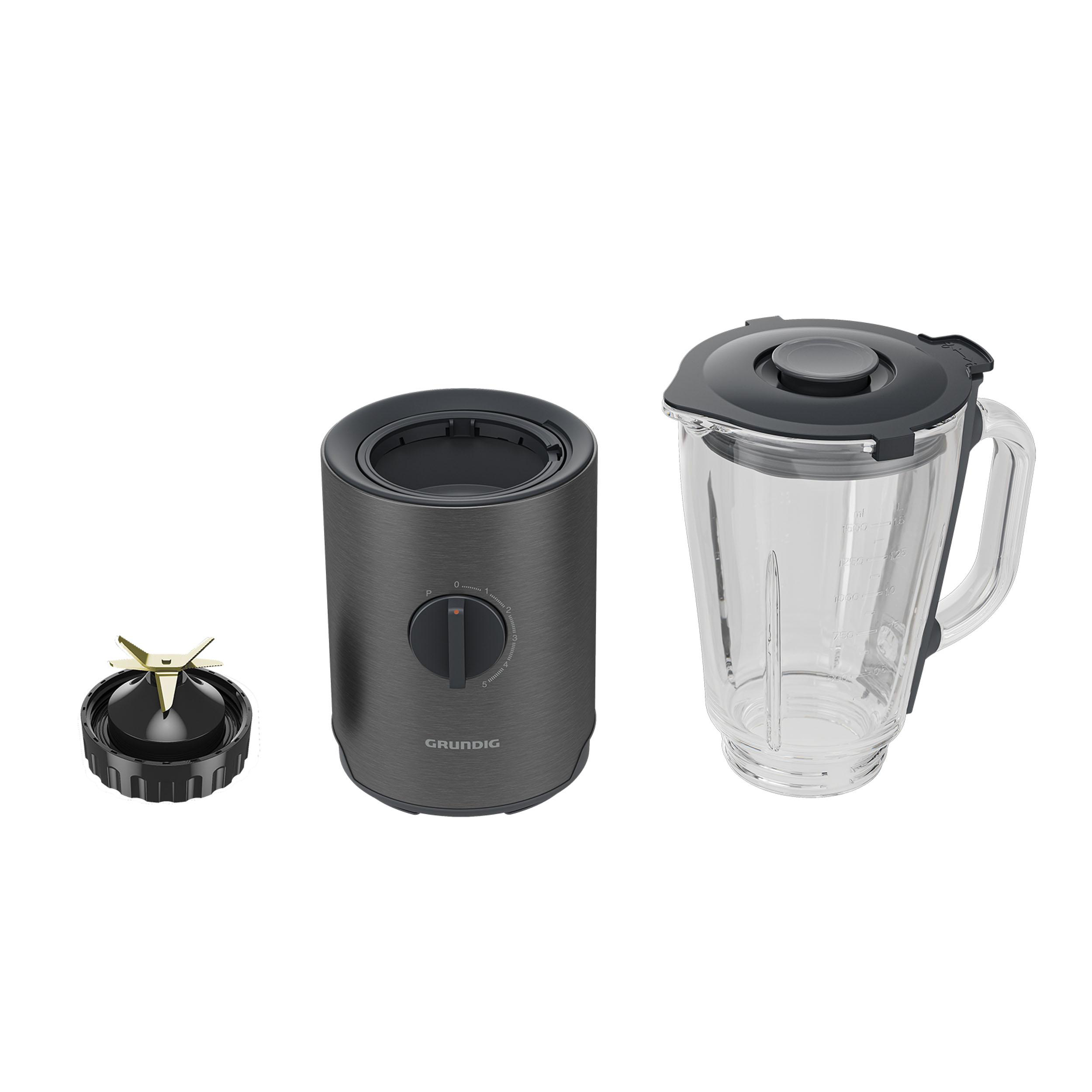 Zerlegter Mixer mit Klinge, Becher und Behälter, vor weißem Hintergrund.