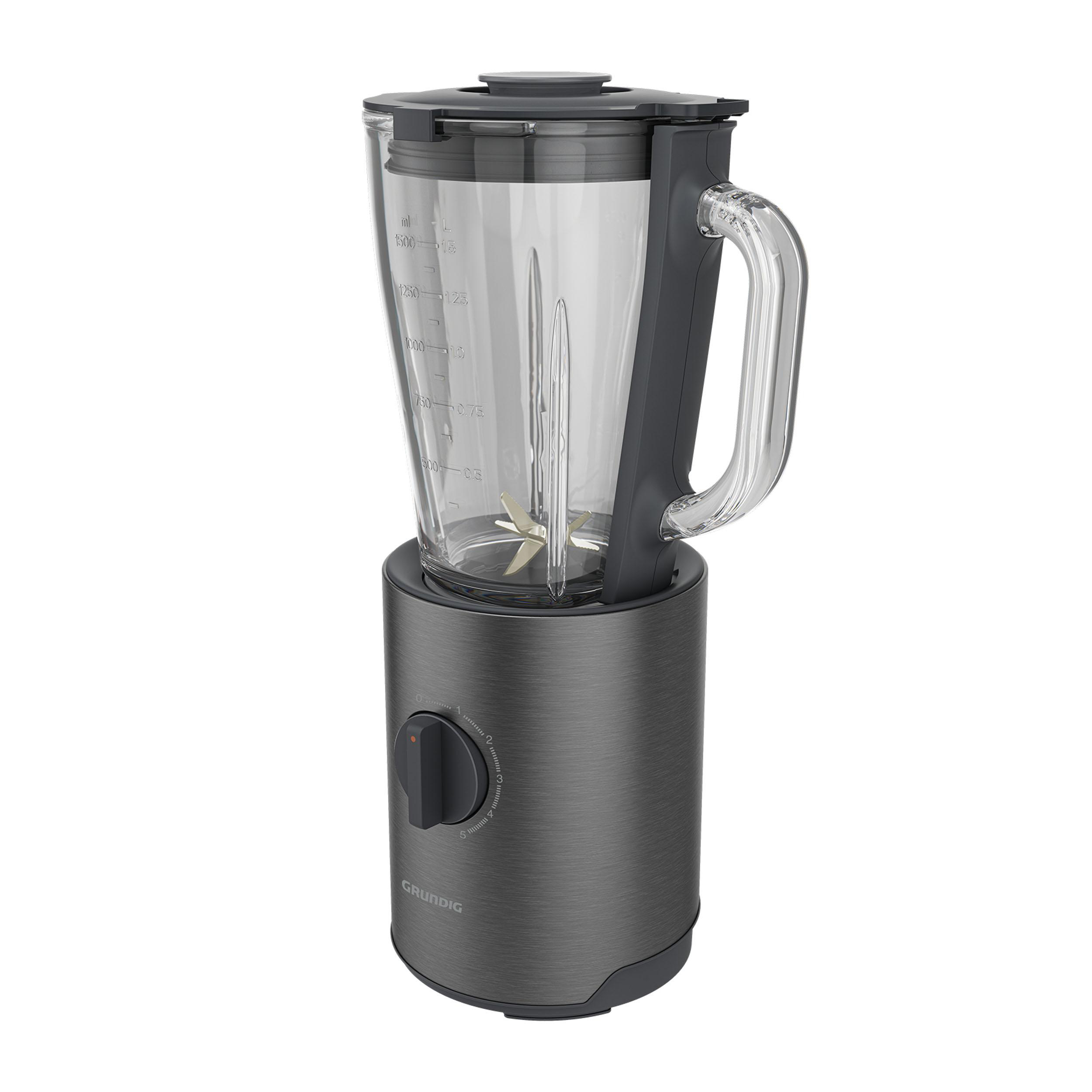 Ein dunkelgrauer Mixer. Der Behälter ist klar mit einem Griff. Ein Drehknopf befindet sich am Sockel, die Klinge ist sichtbar.