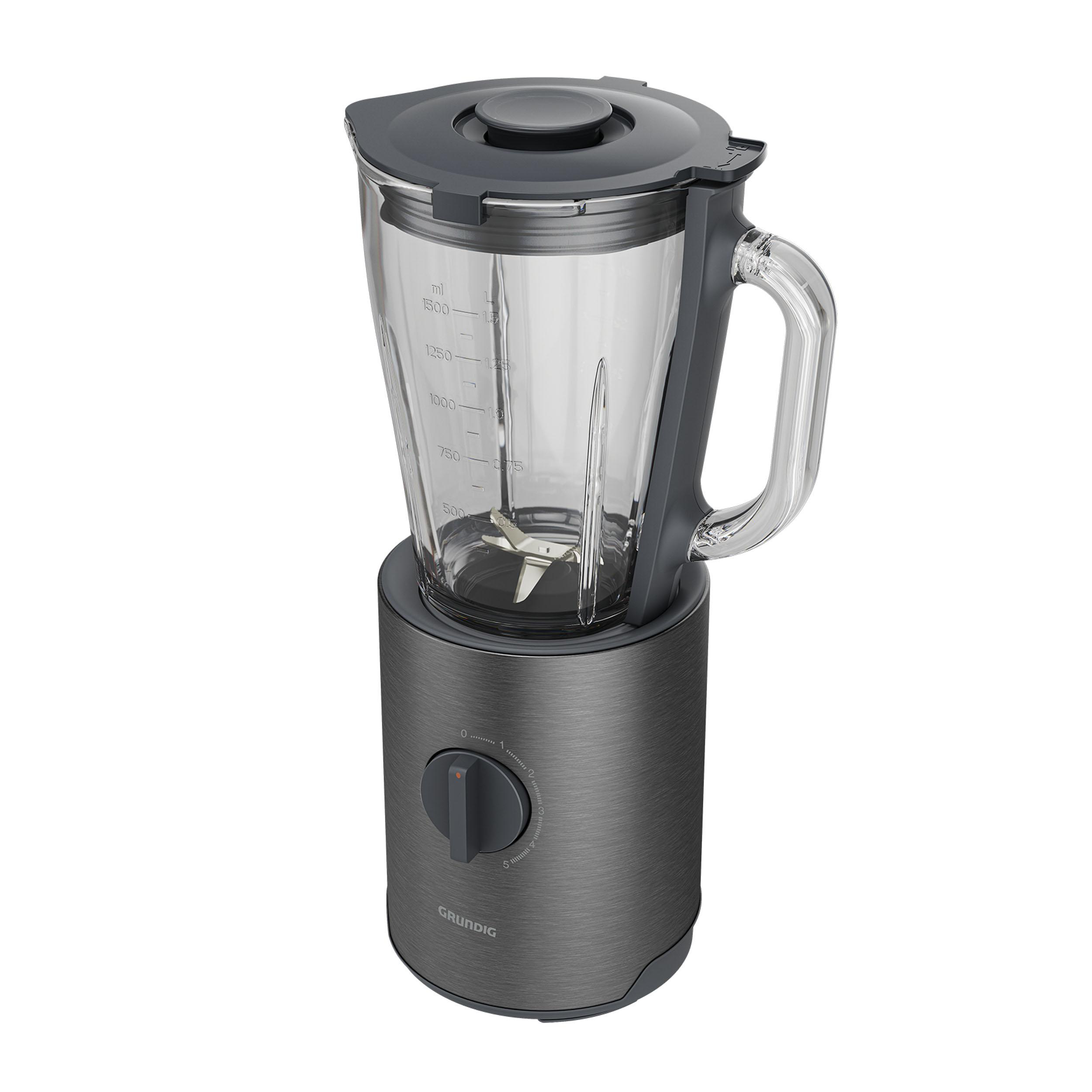 Ein grauer Mixer mit einem Glasbehälter, zeigt die Klinge und ein Wahlrad.