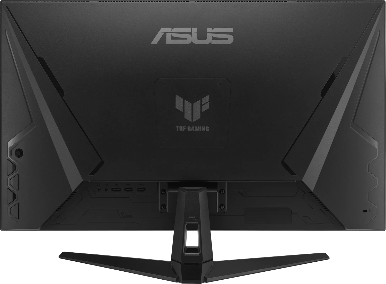 Egy fekete ASUS TUF gaming monitor hátulnézete, különböző portokkal és állvánnyal.