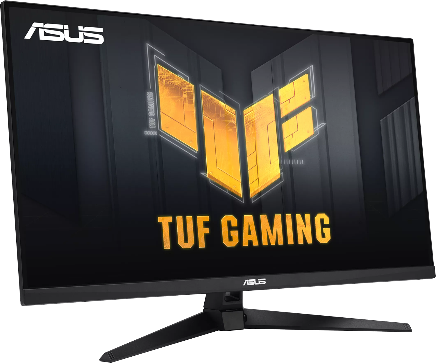 Fekete ASUS TUF GAMING monitor fekete állványon, arany logóval.