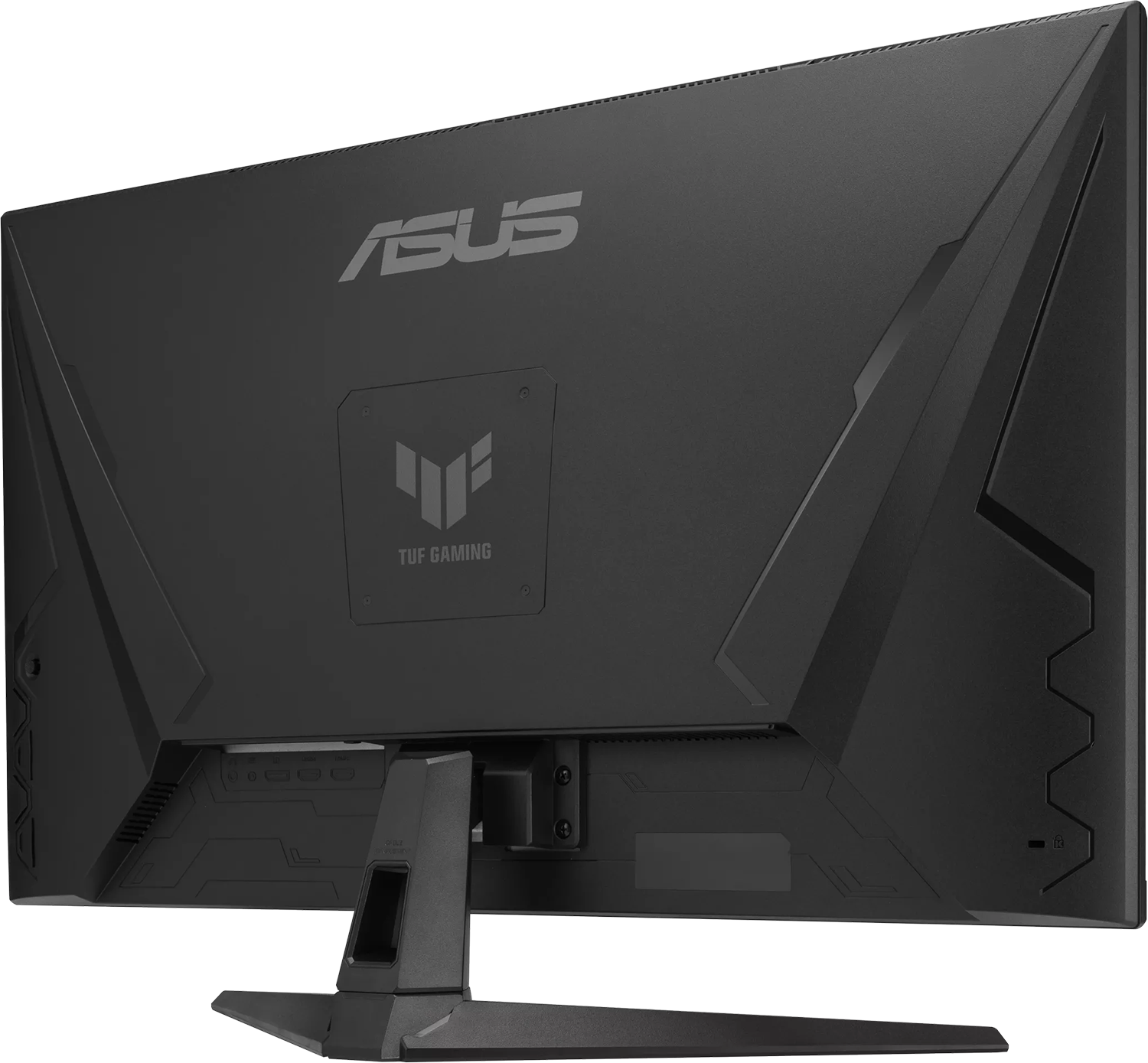 Egy ASUS TUF Gaming monitor hátulja, fekete, logóval és portokkal.