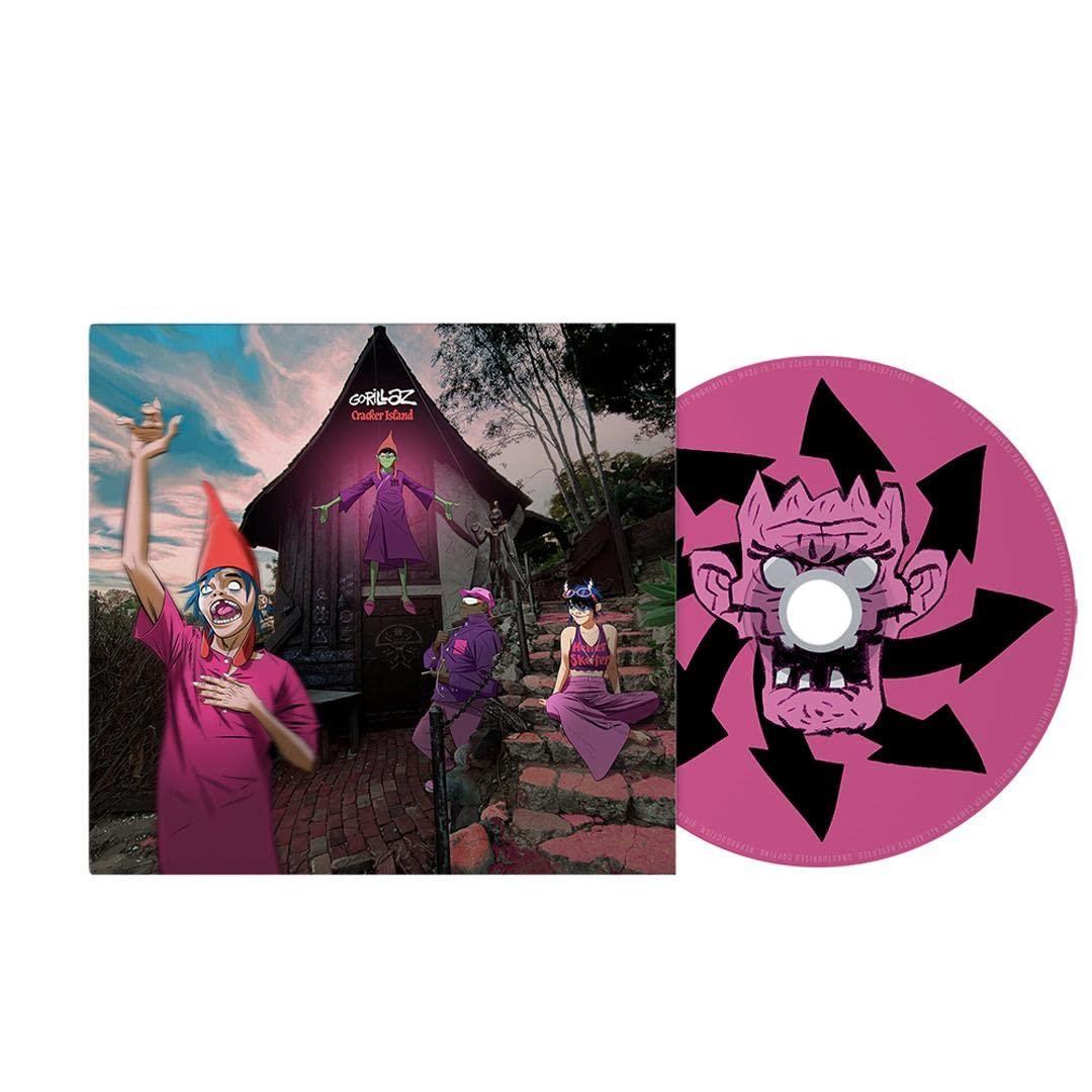 Albumcover und eine pinkfarbene CD mit einem Cartoon-Gesicht darauf.