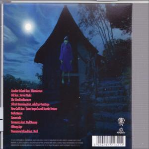 Albumcover Rückseite. Bild eines Hauses, einer Figur und Text mit Titeln.