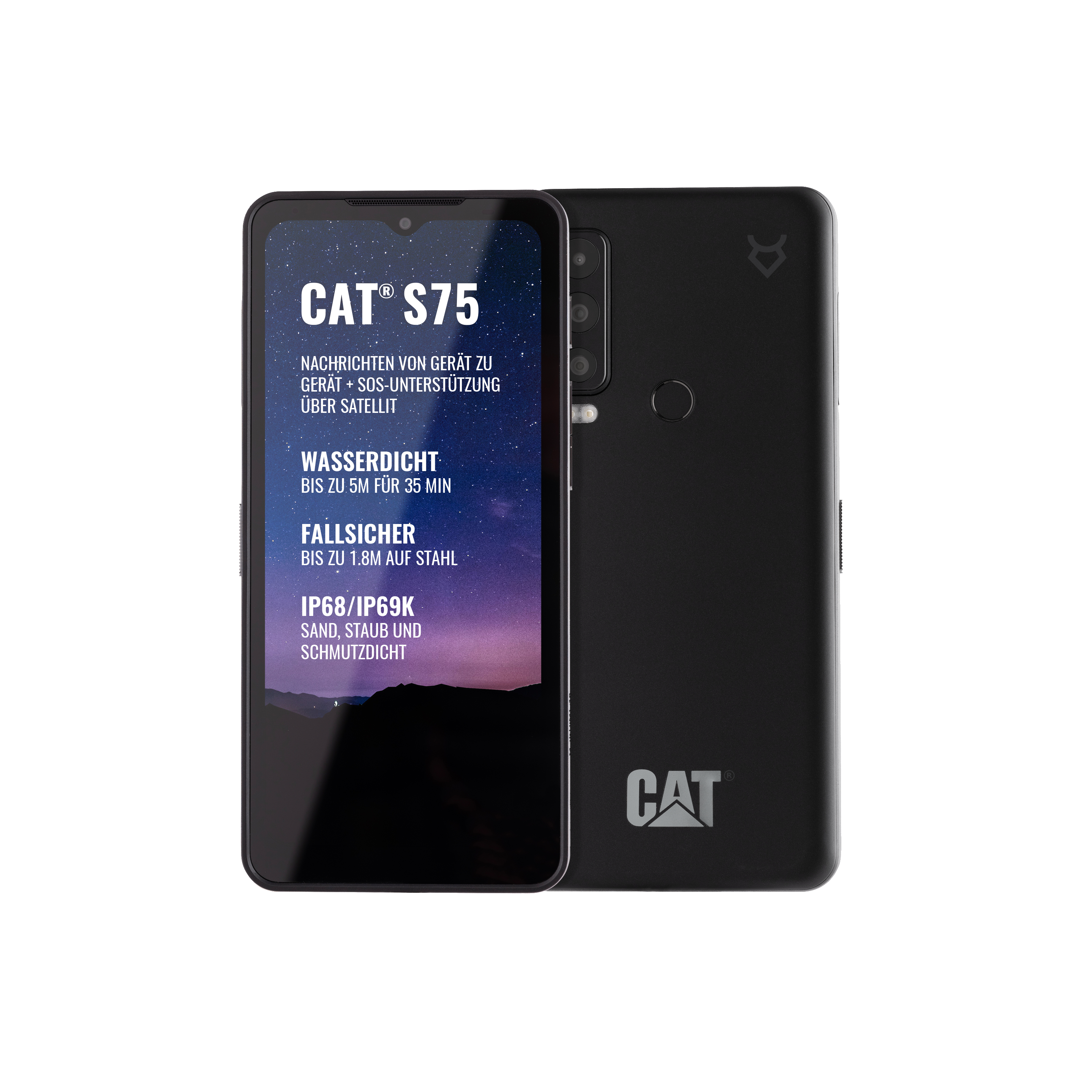 Schwarzes CAT S75-Handy, Vorder- und Rückseite zeigend.