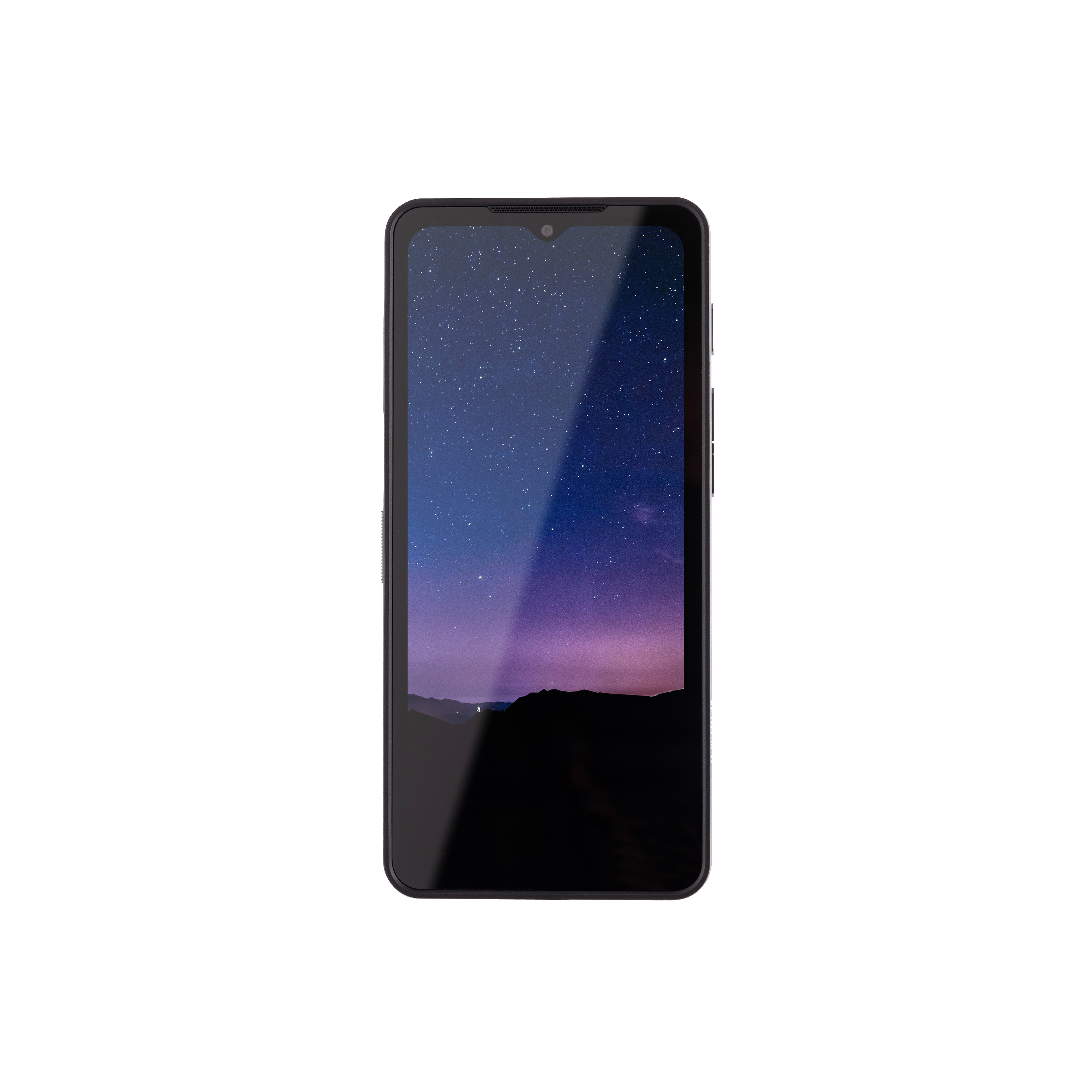 Schwarzes Smartphone mit Display, das eine sternenklare Nachlandschaft zeigt. Weißer Hintergrund.