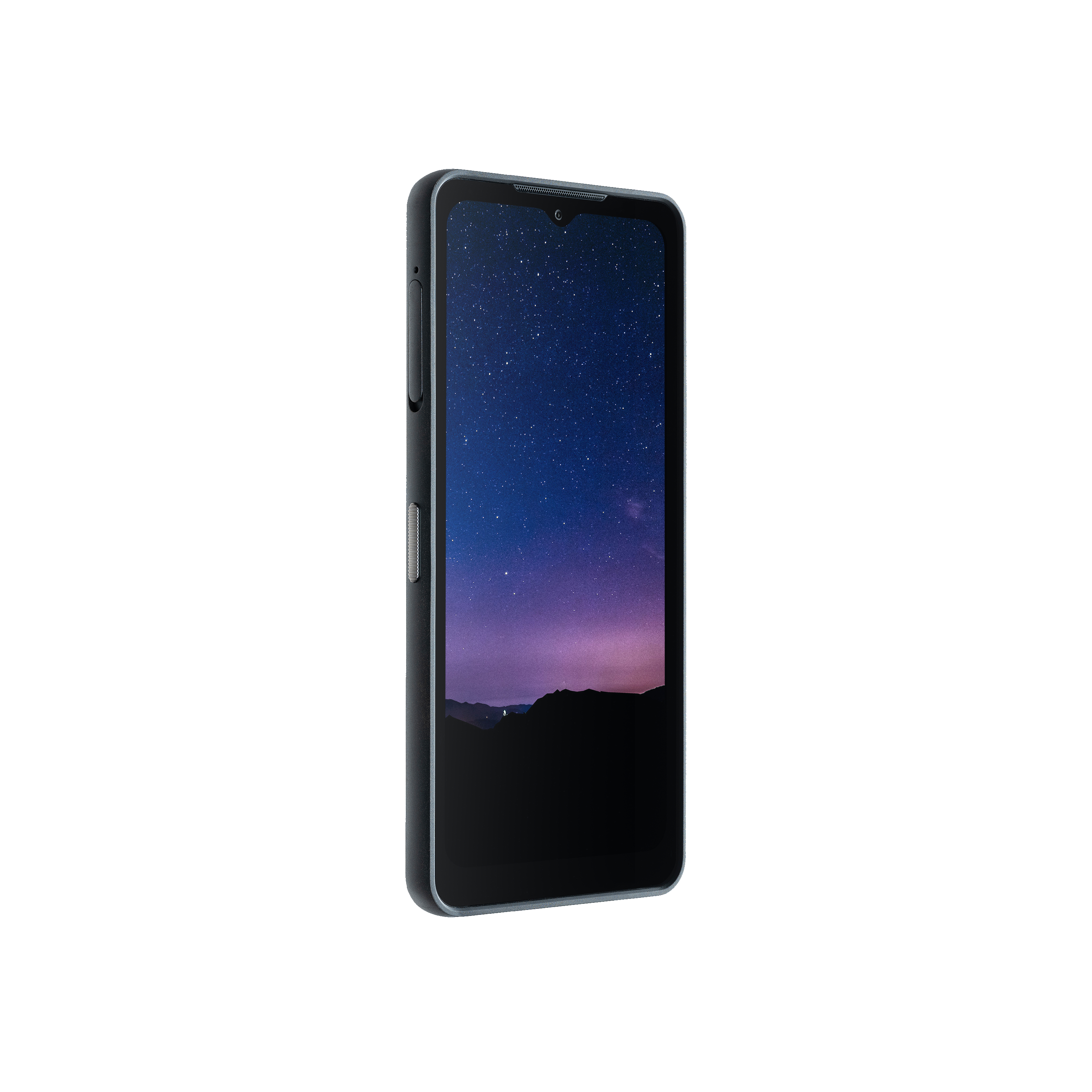 Dunkelblaues Smartphone mit Bildschirm, der eine sternenklare Nacht zeigt.