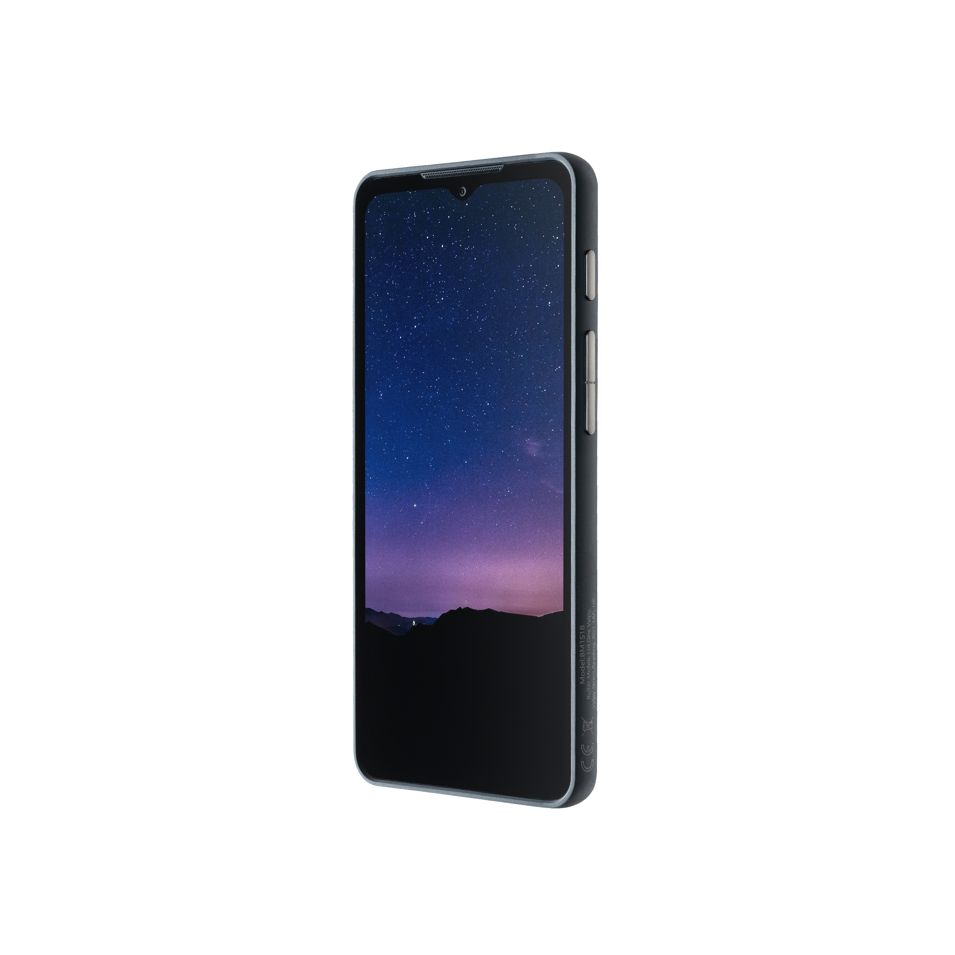 Ein schwarzes Smartphone mit Sternenhimmel-Hintergrund wird angezeigt. Das Telefon ist auf Weiß isoliert.