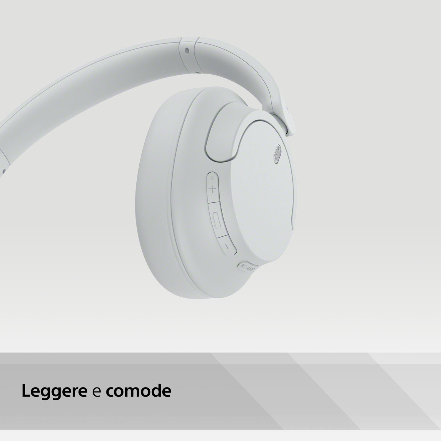 Cuffie bianche, vista laterale, con testo 'Leggere e comode' sotto.