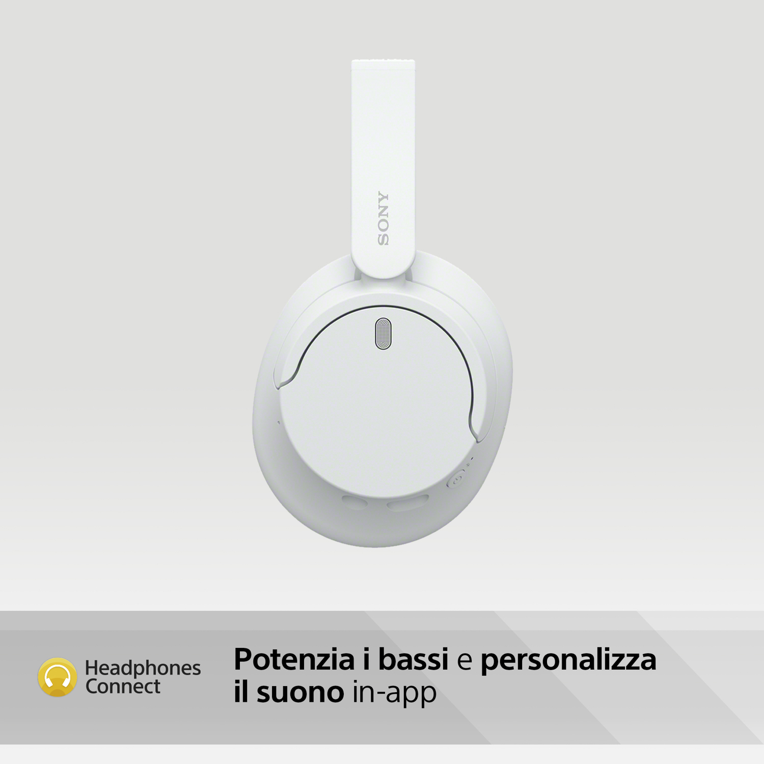 Cuffie Sony bianche con la scritta "Potenzia i bassi e personalizza il suono in-app".