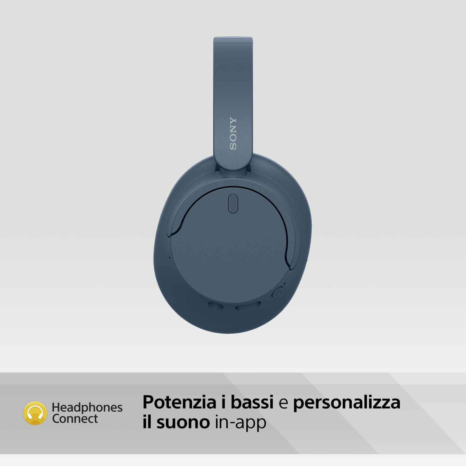 Cuffie Sony blu. Testo: Potenzia i bassi e personalizza il suono nell'app.