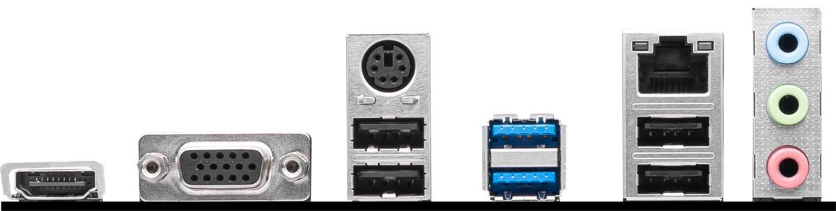 HDMI, VGA, USB ve ses jakları dahil olmak üzere anakart bağlantı noktalarının yakın çekimi.