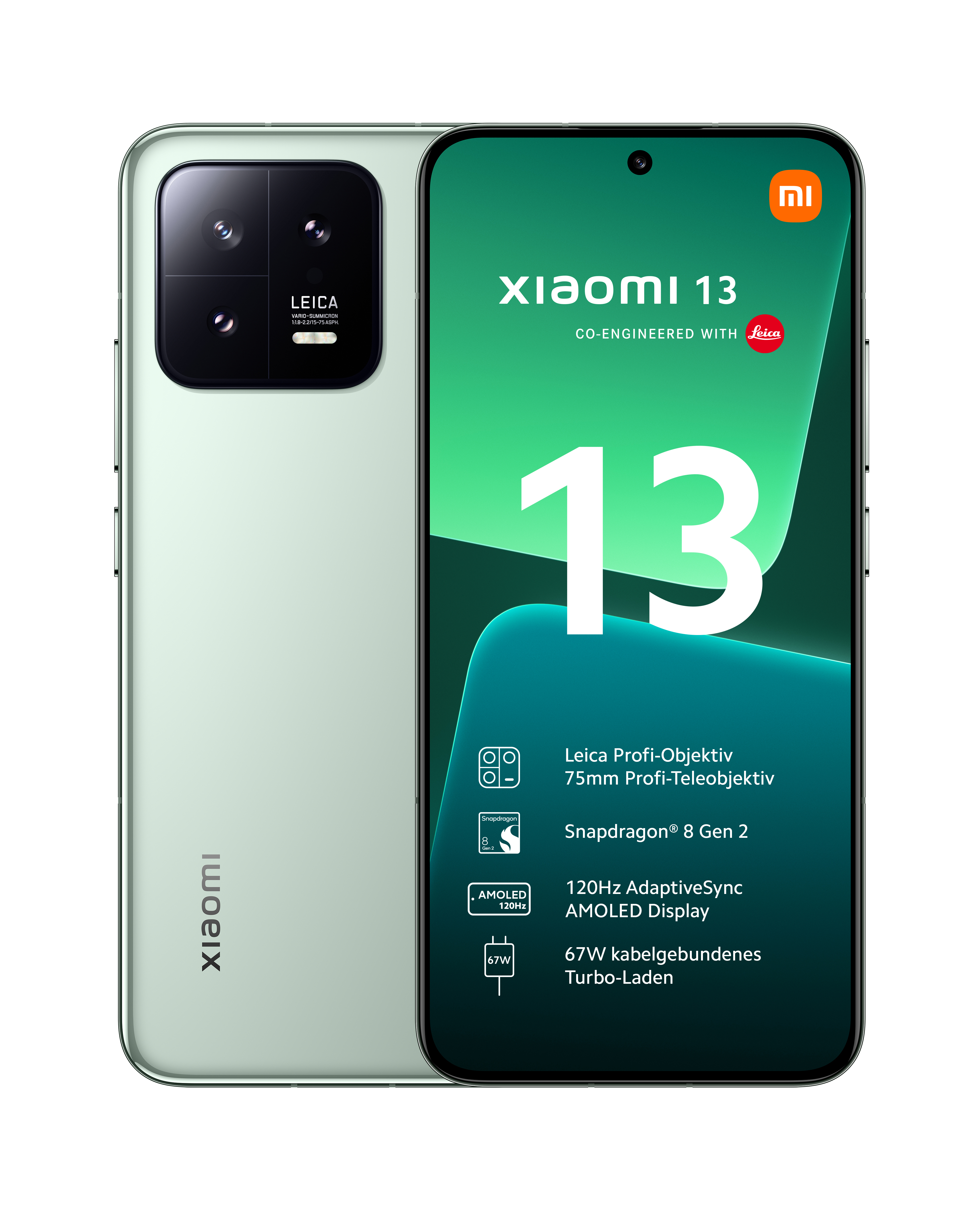 Xiaomi 13 Smartphone in Grün, Vorder- und Rückansicht. Zeigt Bildschirm mit Spezifikationen und Leica.