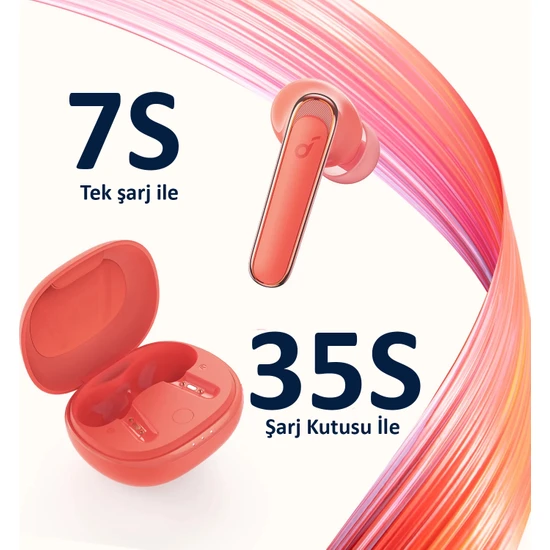 Mercan pembesi kulaklıklar ve şarj kutusu, resimde 7S ve 35S metni.