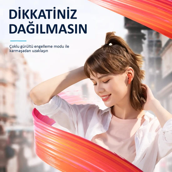 Kırmızı kulaklıklarla gülümseyen kadın, metinle: Dikkat dağılmasın.