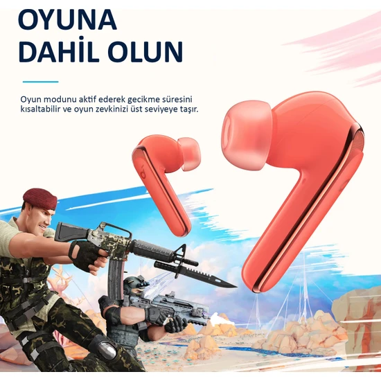 Arka planda bir oyun sahnesi illüstrasyonu ile iki kırmızı kablosuz kulaklık.