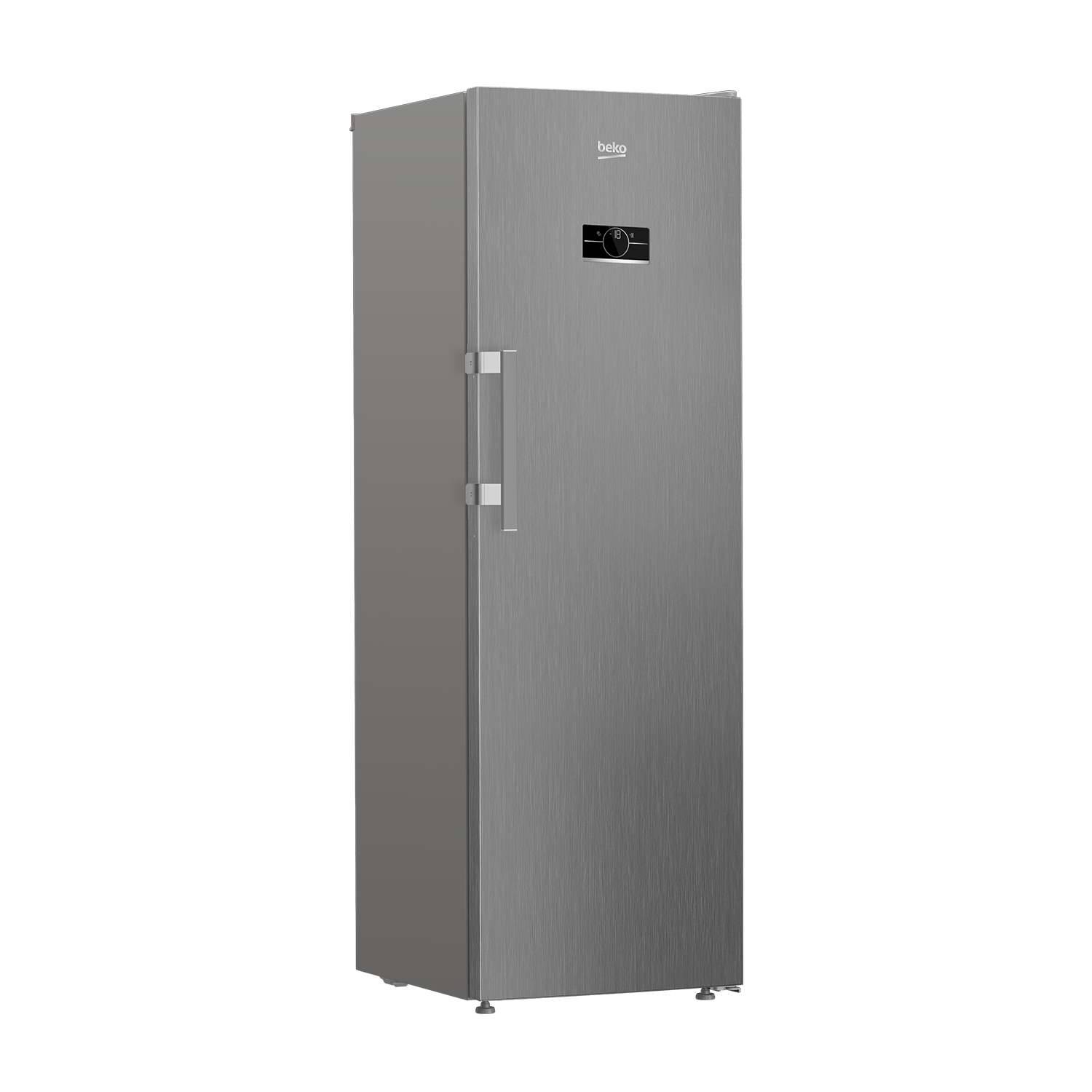 Frigorifero Beko argento. Ha una maniglia e un display digitale della temperatura.