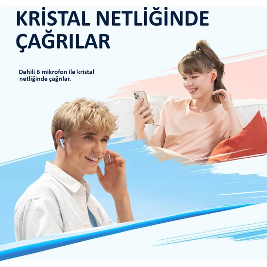 İki kişi kulaklık takıyor, biri takıyor. Üstte İspanyolca metin var.