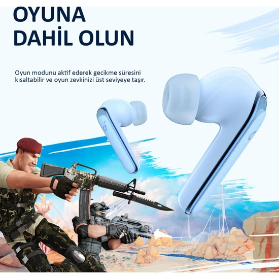 Mavi oyun kulaklıkları, oyun sahnesi ve Türkçe metin ile.