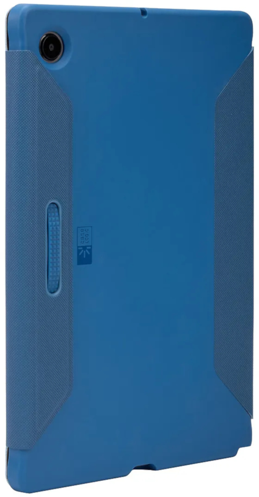 Étui de tablette bleu. Il a une caméra et un rabat texturé avec un bouton. L'étui couvre l'arrière de la tablette.