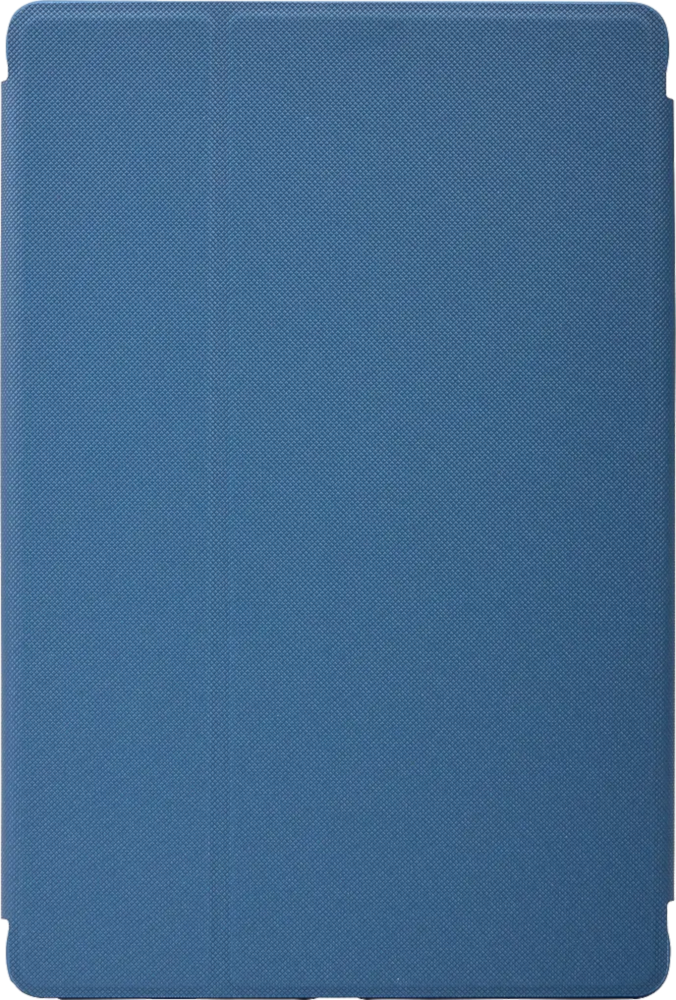 Une housse de tablette bleue avec une surface texturée. La housse est rectangulaire avec des coins arrondis.