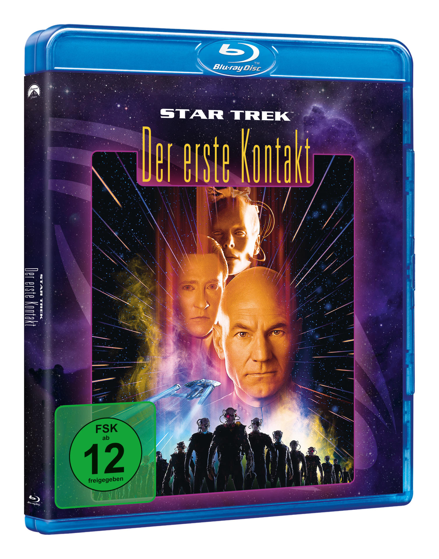 Ein Blu-ray-Disc-Cover von Star Trek: Der erste Kontakt mit Gesichtern von Charakteren.