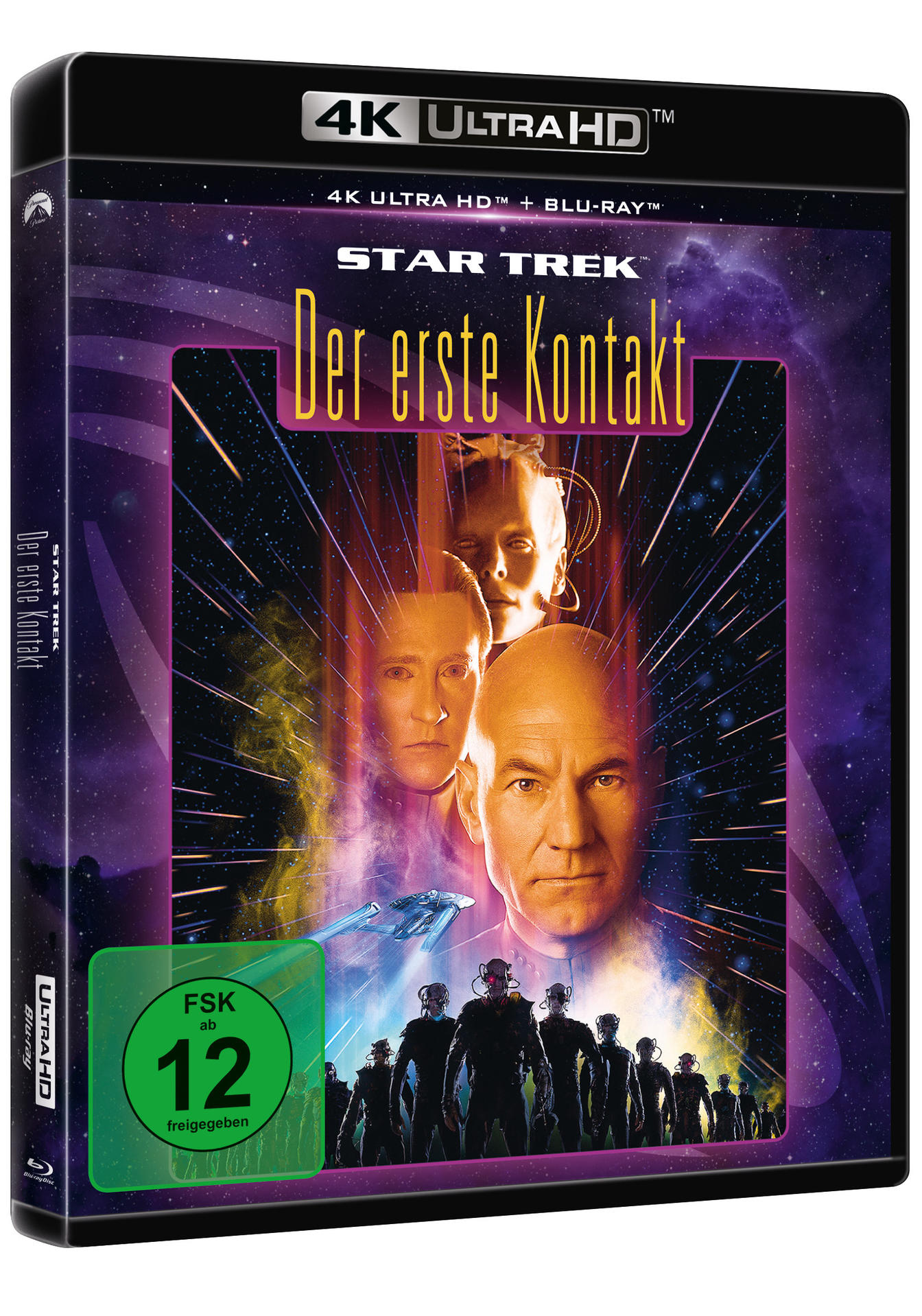 Blu-ray-Cover für "Star Trek: Der erste Kontakt" mit Schauspielern.